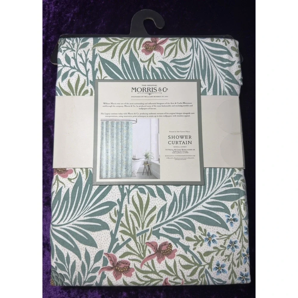 William Morris Shower Curtain Larkspur Mineral Fabric Botanical Floral Leaves